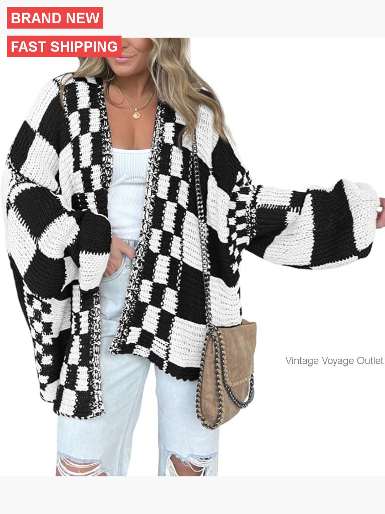 Chunky Knit Cardigan Sweater Open Front Checkered Pattern Long Sleeve